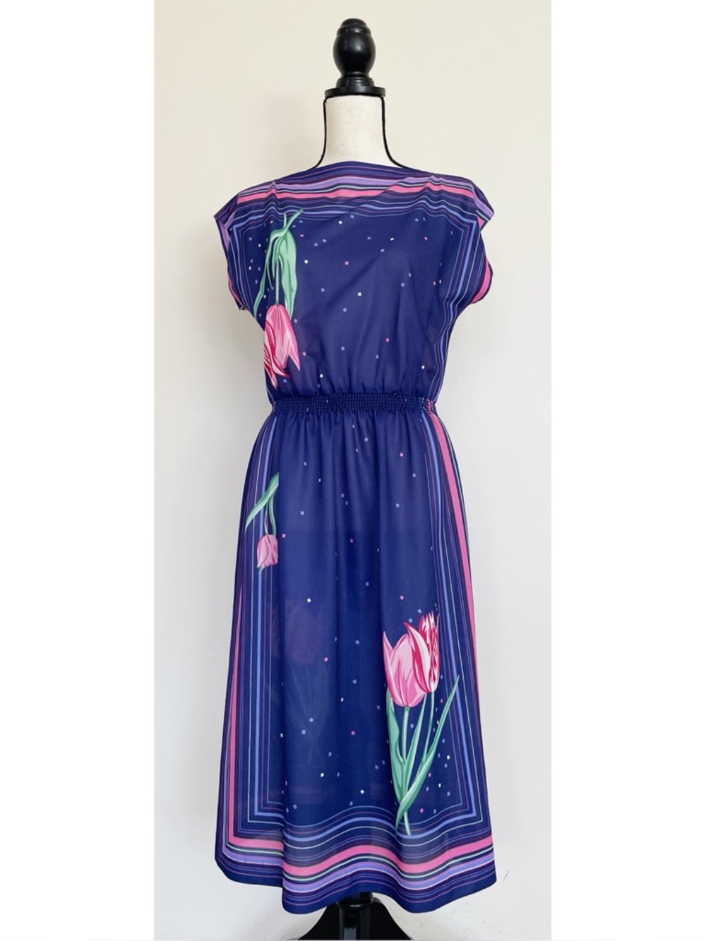 Vintage 80s Boatneck Tulip Print Dress